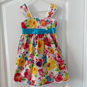 Bright Colorful Floral Kids Dress with Blue Sash by Pinky, Size 5